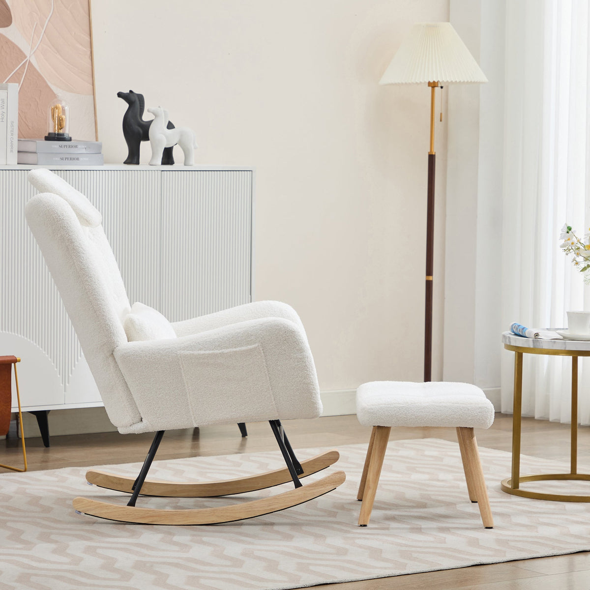 Rocking Chair with Footstool, Armrests Recliner Lounge Chair, Teddy Velvet Fabric