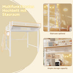Loft Bed 140x200cm with Storage Compartments, Metal Frame, White