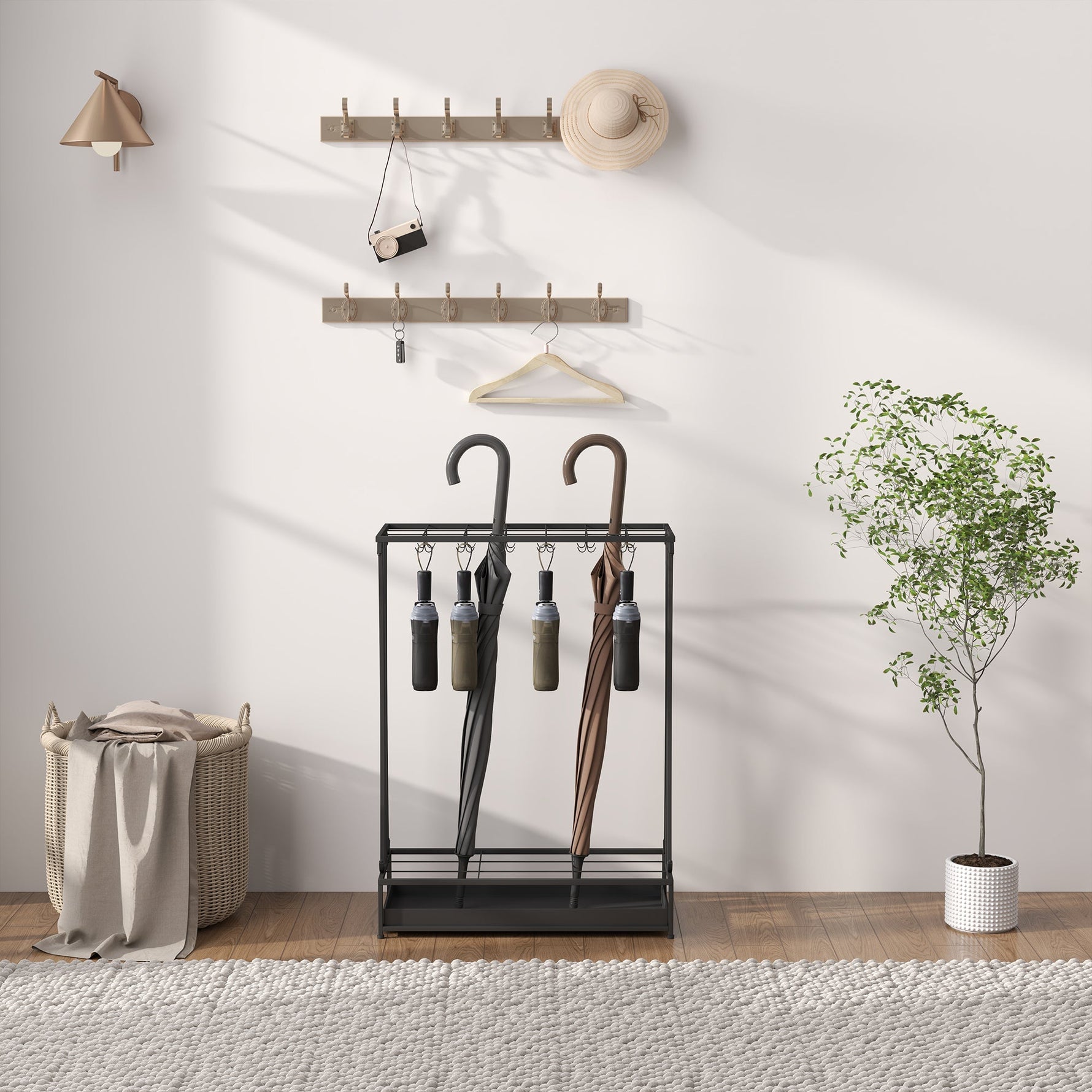 Umbrella Stand, Rectangular Holder with 24 Hooks/Removable Water Tray, Steel Black