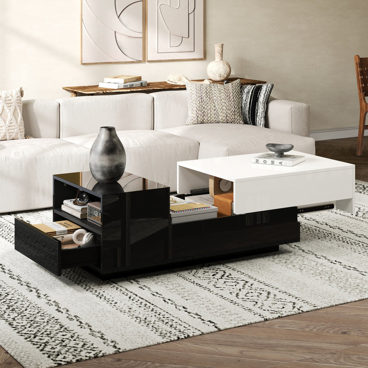 Coffee Table 100x50x38cm, High-Gloss with 1 Drawer & Sliding Top, Black and White Stitching