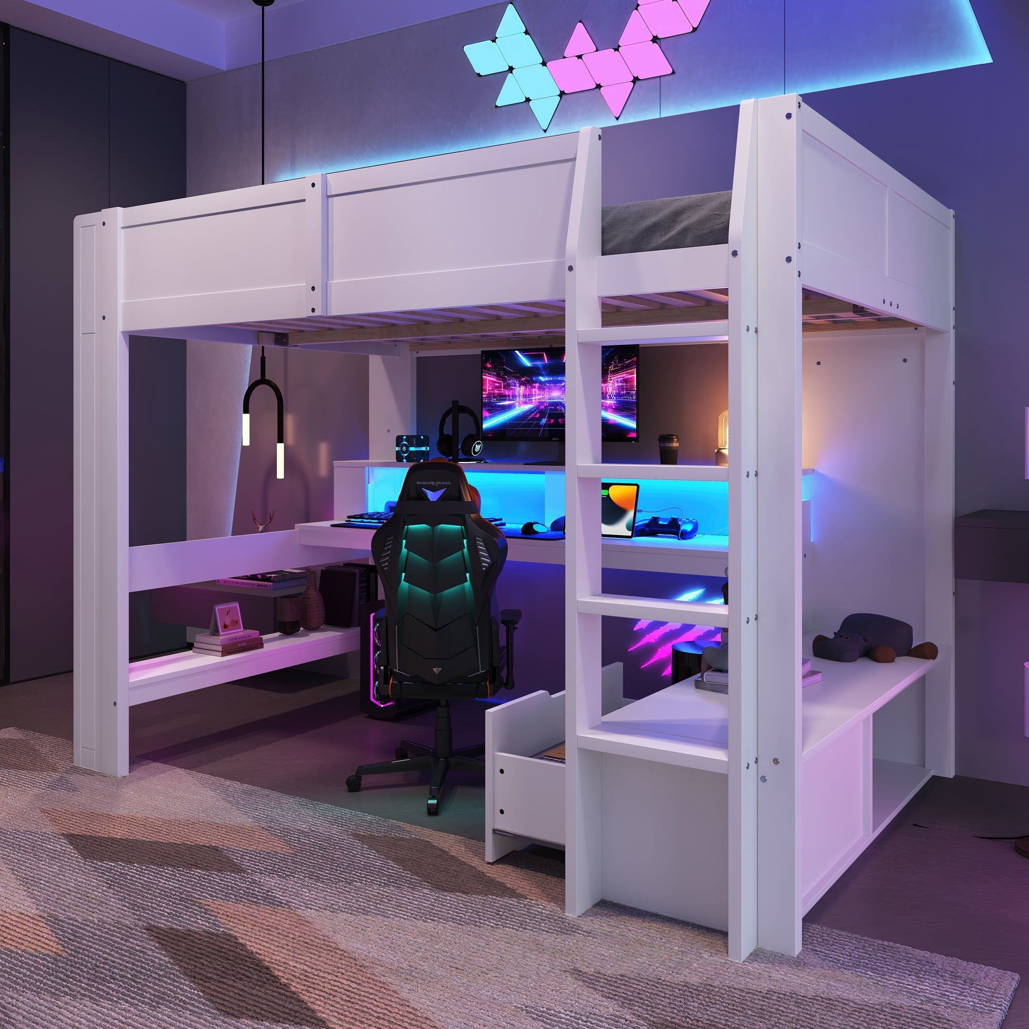 Loft Bed 140x200cm Gaming Desk LED Drawer Shelves - White