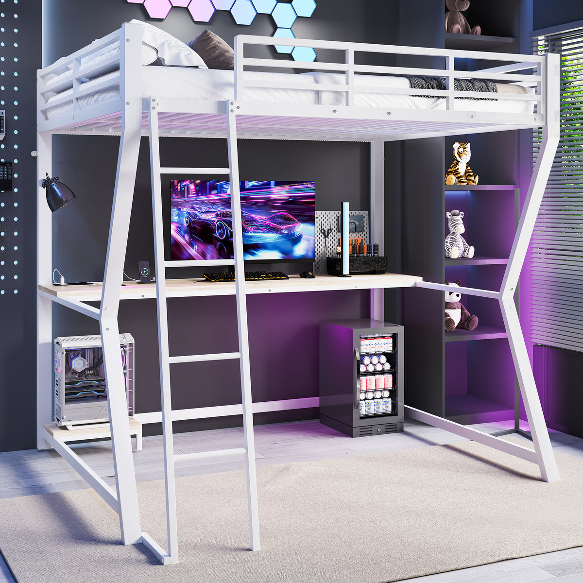 Loft Bed 140x200cm with Desk, LED Lights & USB, White