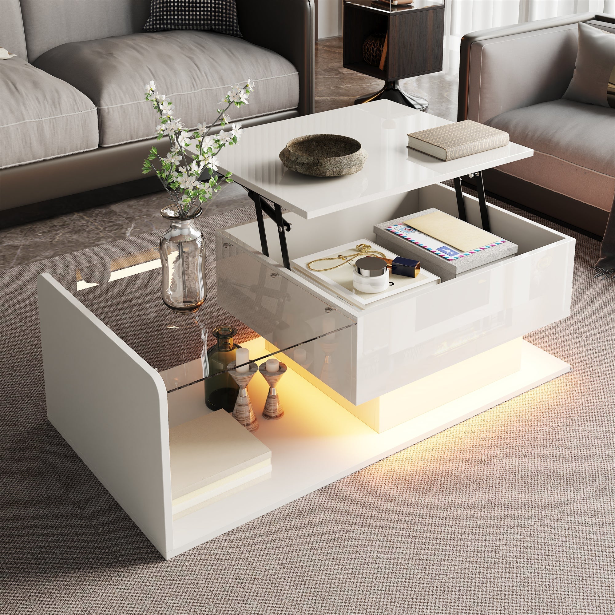 Coffee Table, Glass Top LED Effect, High-Gloss White