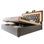 Upholstered Bed 160x200 cm with LED, USB Charging and Hydraulic Storage (with Mattress), Grey Velvet