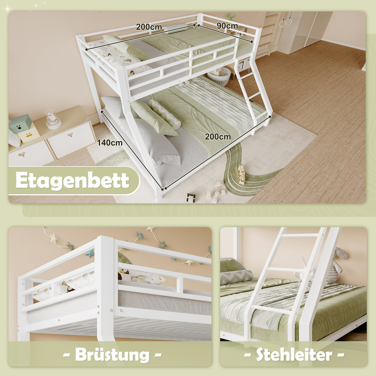 Bunk Bed 90x200 & 140x200 cm with Guardrail & Steps, White Metal