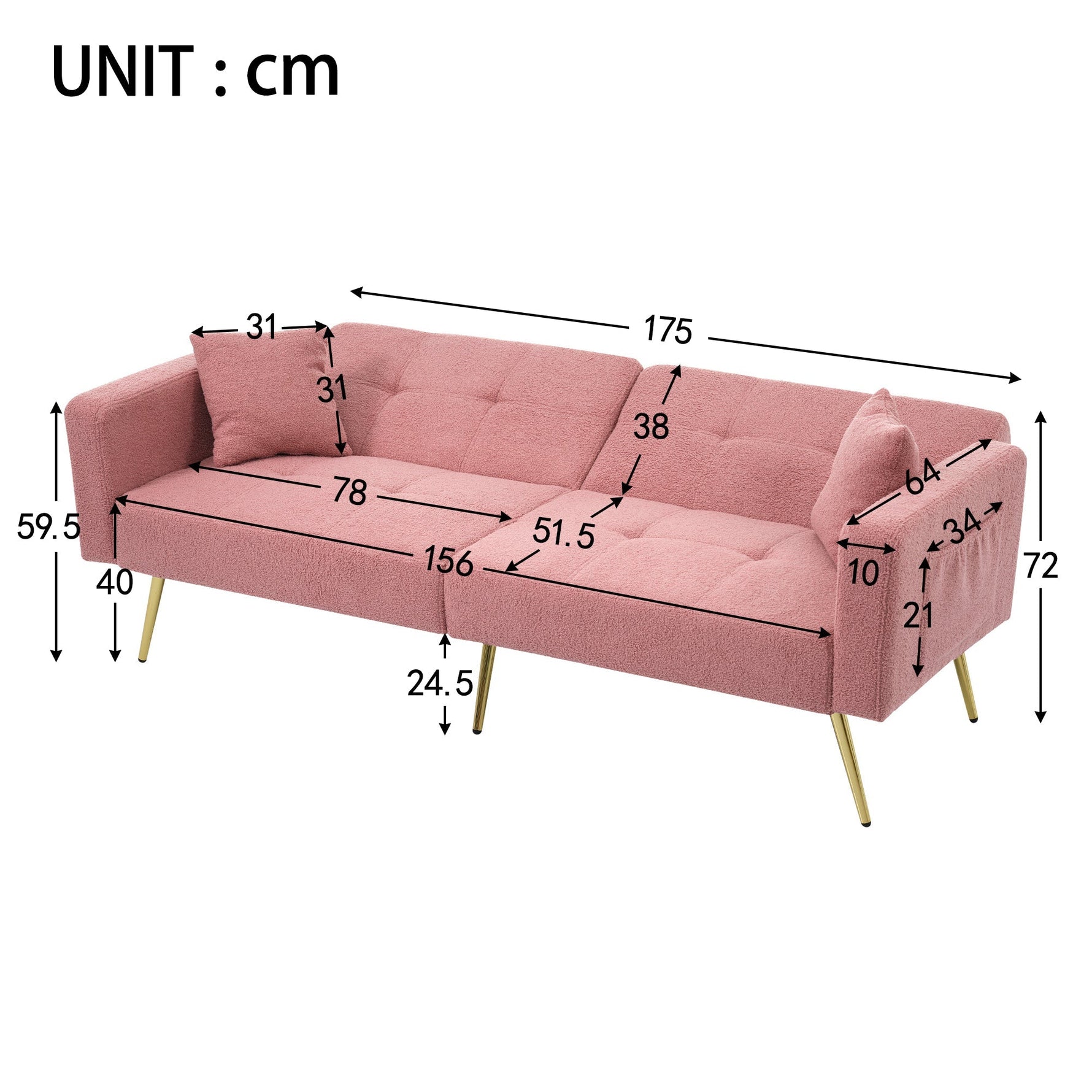 Sofa Bed Adjustable Angle Cushions Storage Pockets Gold Metal Legs