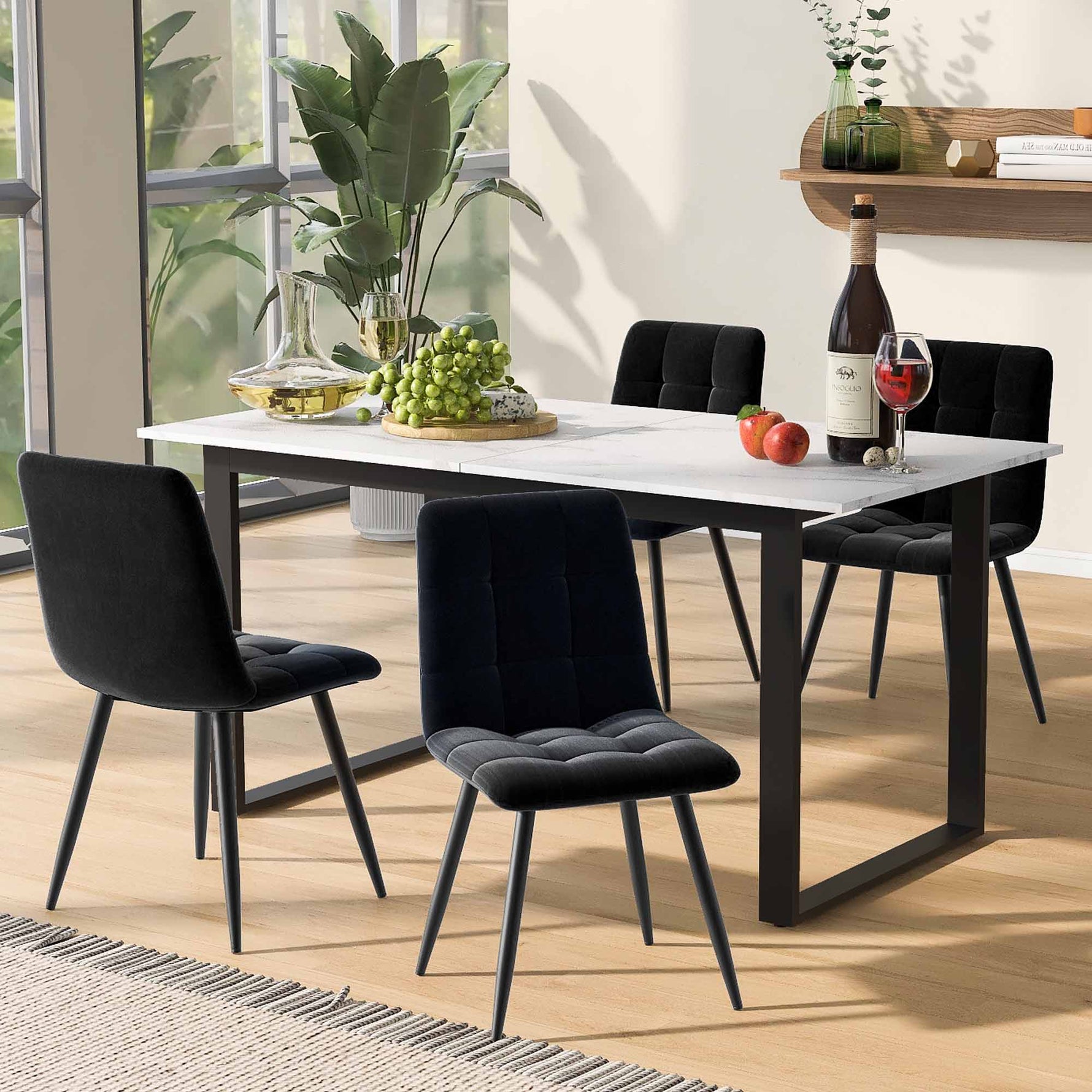 Dining Set Extendable 140/180cm Table with 4 Black Velvet Chairs White MDF and Black Legs