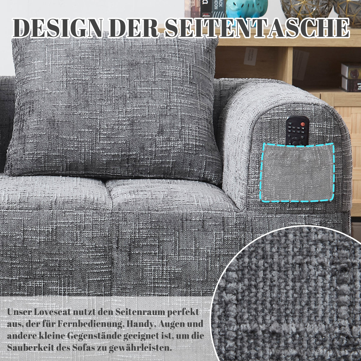 Sofa, Plush 2-Person No Assembly Side Pockets, Grey