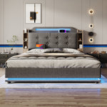 Upholstered Bed 140x200cm, LED Light Strip, Hydraulic Storage, USB + Type-C, Grey Linen