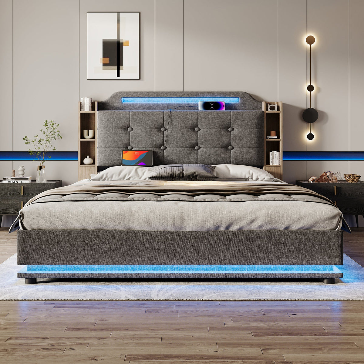 Upholstered Bed 140x200cm, LED Light Strip, Hydraulic Storage, USB + Type-C, Grey Linen