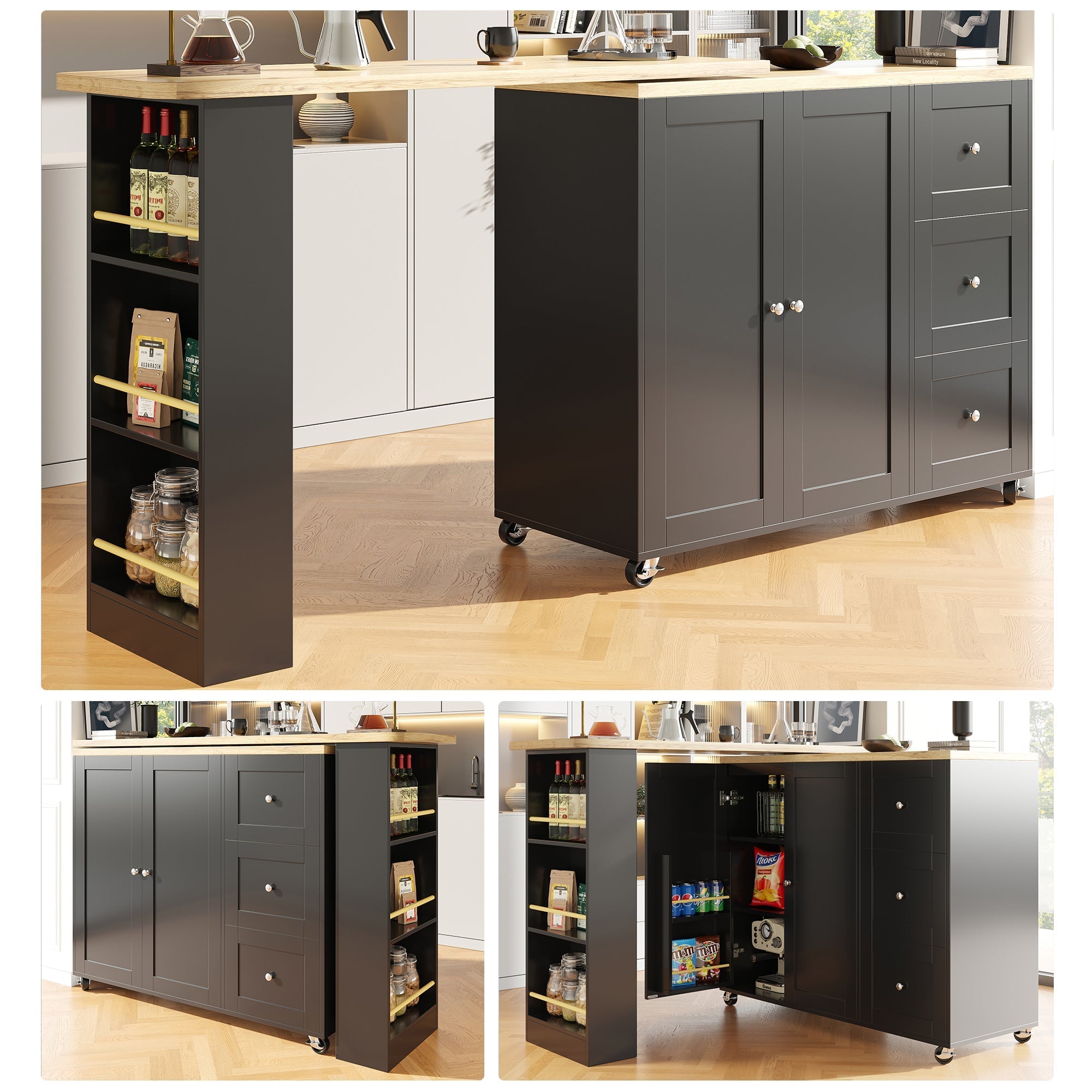 360° Rotating Bar Table Extendable On Casters Storage Island 3 Drawers Black