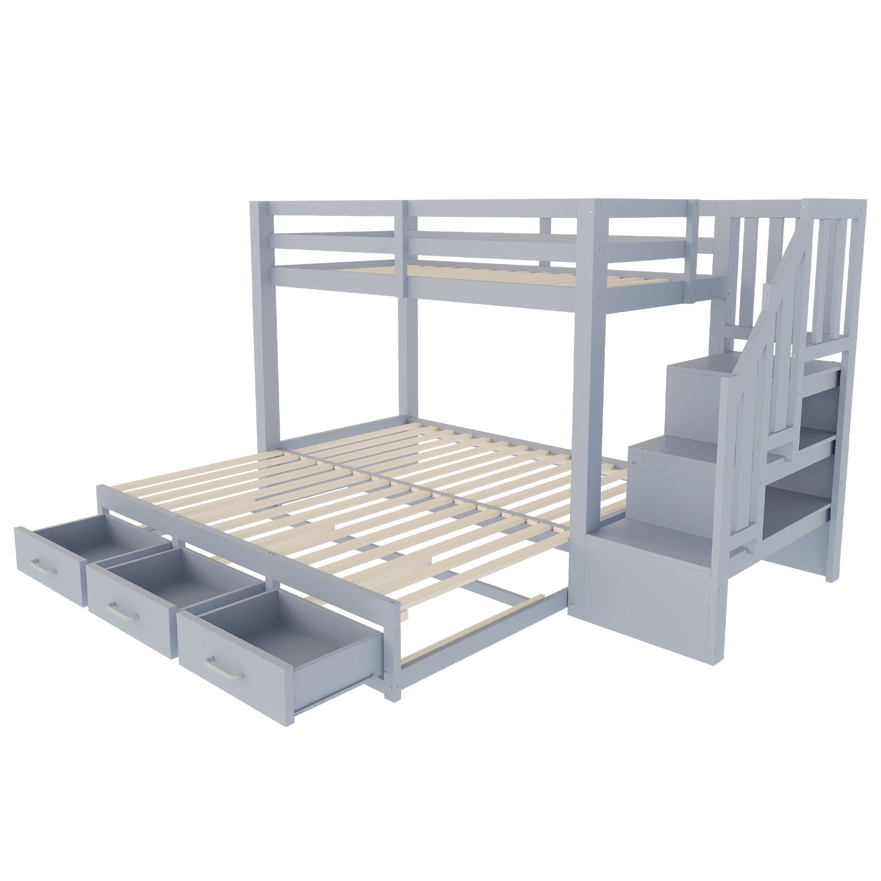 Bunk Bed with Pull-out Bed, Storage Ladder and Drawers, 90x200cm, Grey Wood