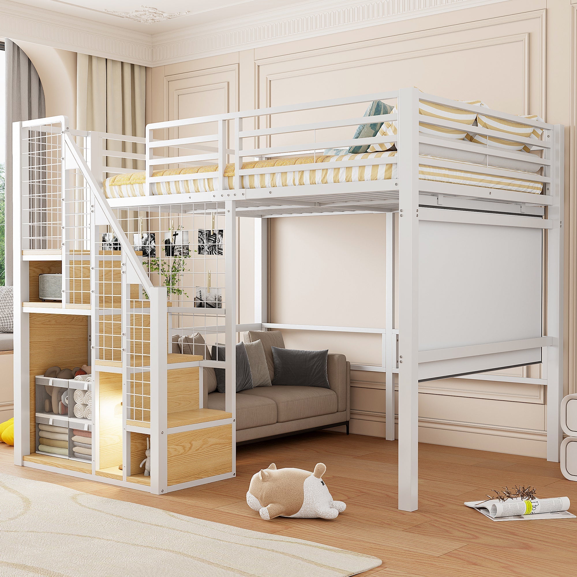 Bunk Bed with Safety Ladder and Storage Area, 140x200cm, White Iron Frame
