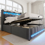 Upholstered Bed 160x200cm with LED & Storage, Grey Linen