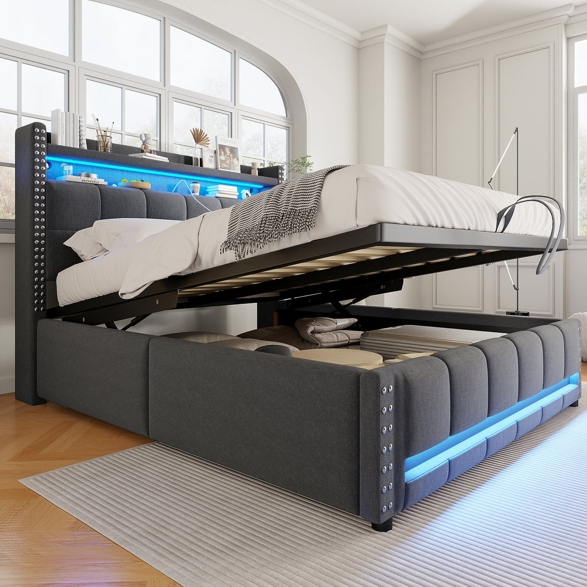 Upholstered Bed 160x200cm with LED & Storage, Grey Linen