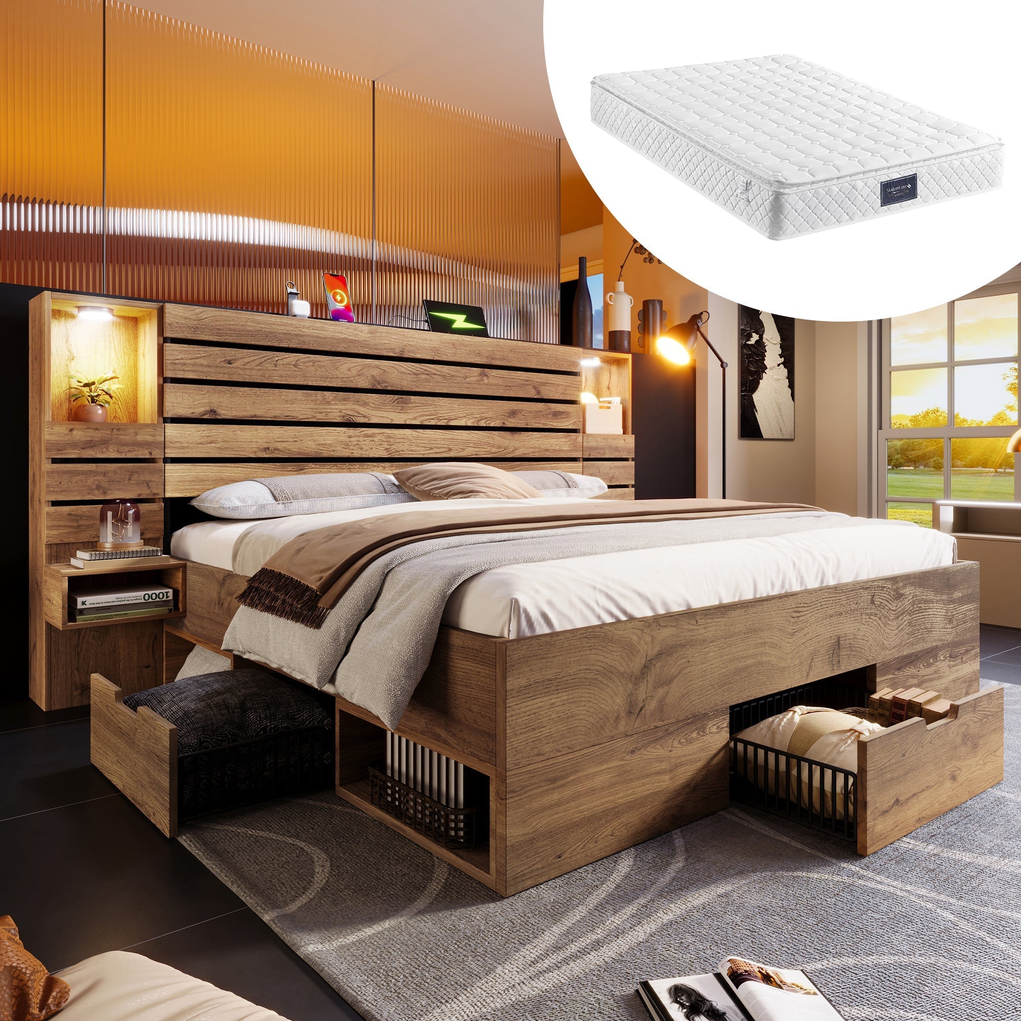 Wooden Double Bed with LED, USB, Niche, Floating Tables, Storage and Mattress, 160x200cm, Oak Look