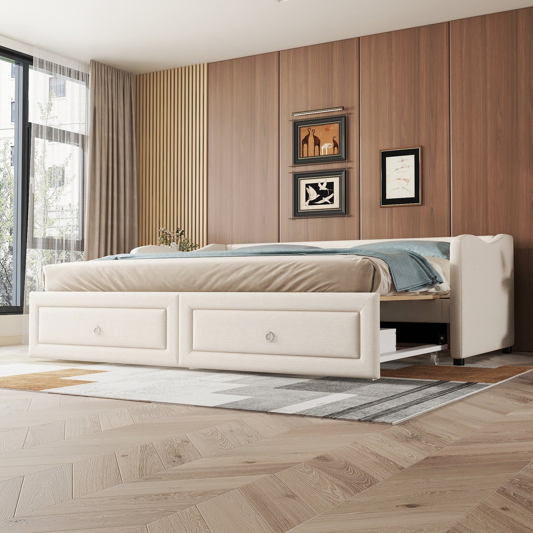 Daybed Sofa Bed 90x200cm Pull-Out Storage Drawers Linen Beige