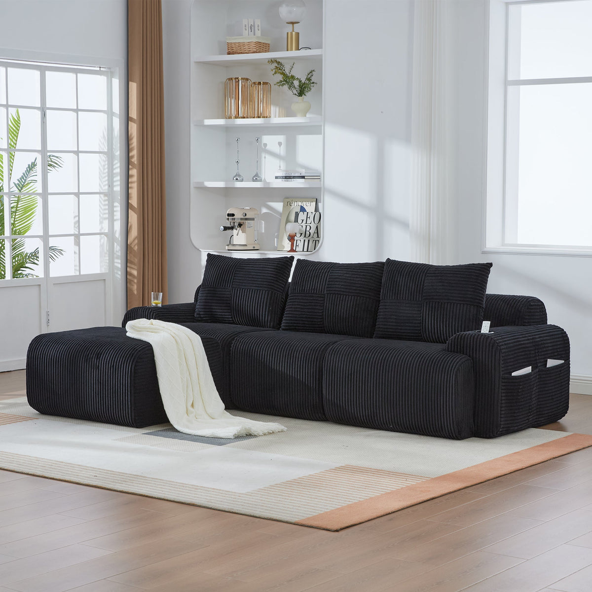 3-Seater Modular Sofa with Ottomans, Cup Holders and Storage, Black Corduroy