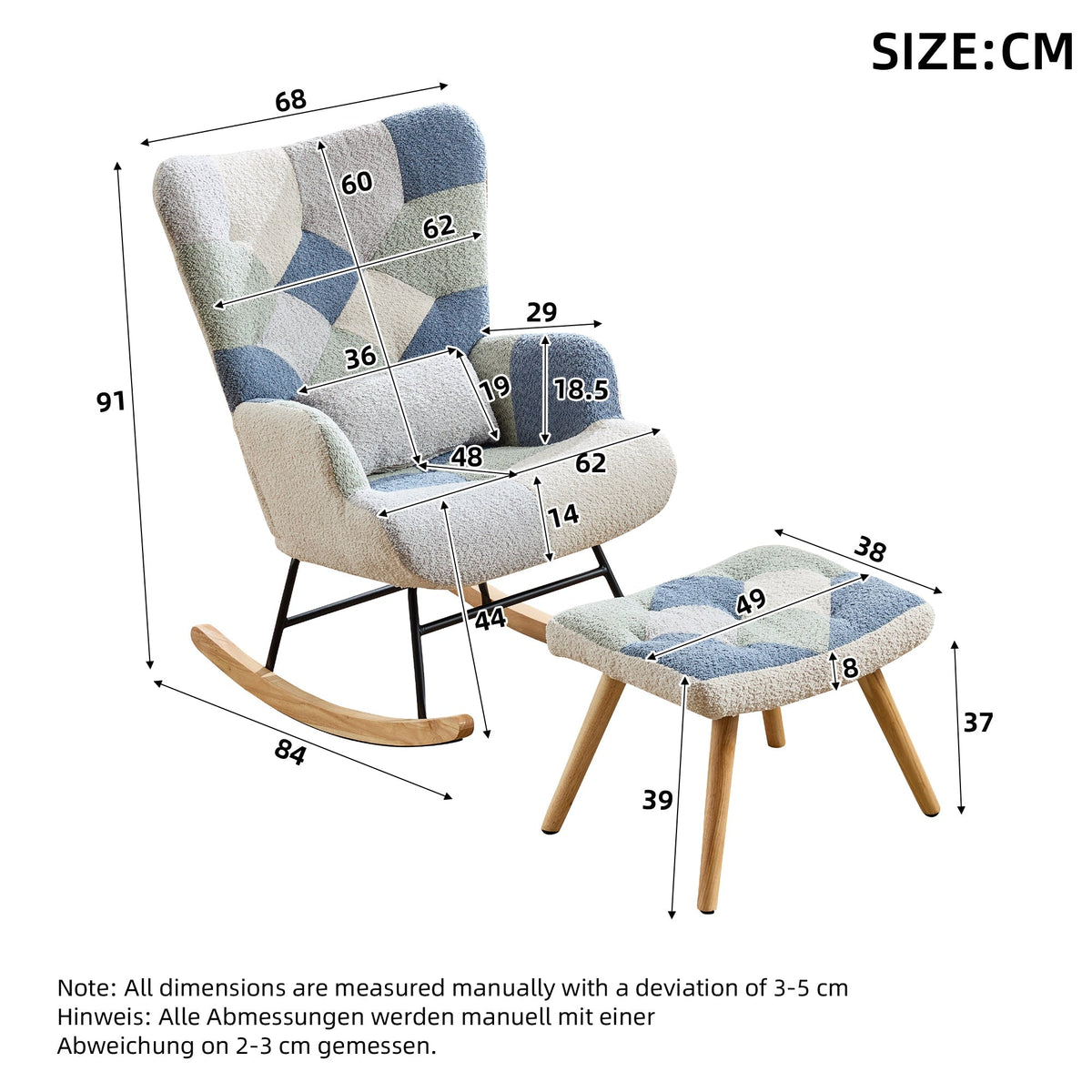 Rocking Recliner with Footstool and Upholstered Armchair, Patchwork Houndstooth Pattern