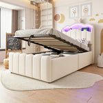 Children's Bed 90x200 Hydraulic Storage & LED, Beige Velvet