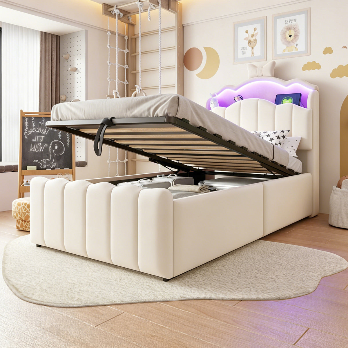 Children's Bed 90x200 Hydraulic Storage & LED, Beige Velvet