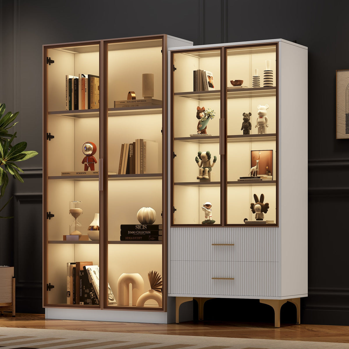 Modern Living Room Set: Two Glass Display Cabinets with LED Lighting, Adjustable Shelves, White Platinum Finish