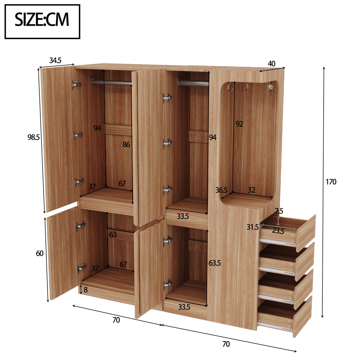 Extra-Large Wardrobe 140x40x170cm with Drawers, Storage, Open Area, Wood Color