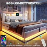 Smart Upholstered Bed with LED, USB and Hydraulic Storage, Beige Velvet