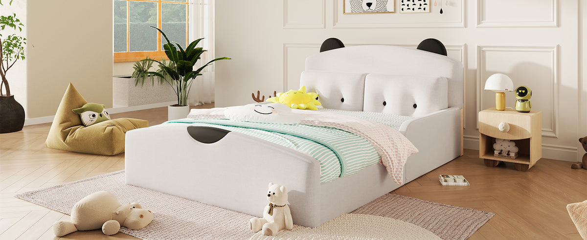 Platform Bed 140x200 with Bear Headboard & Cushions - White Linen