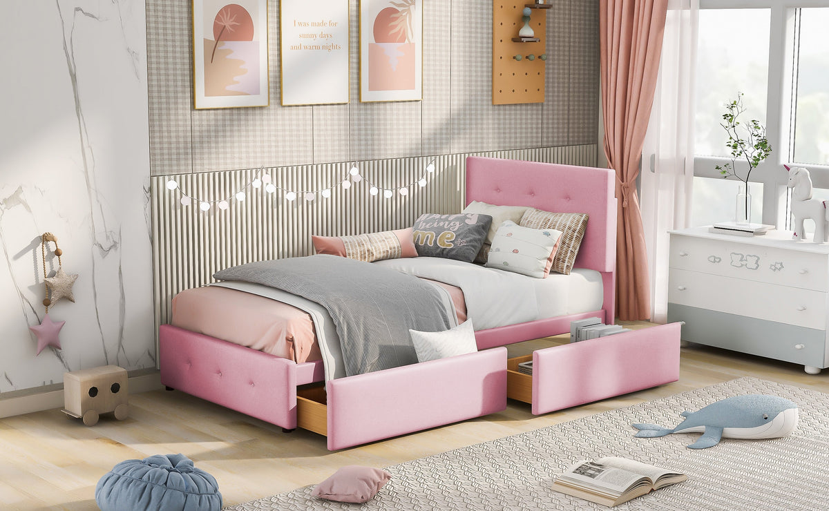Upholstered Bed 90x200cm, Slatted Frame, Backrest & 2 Drawers, Pink Velvet