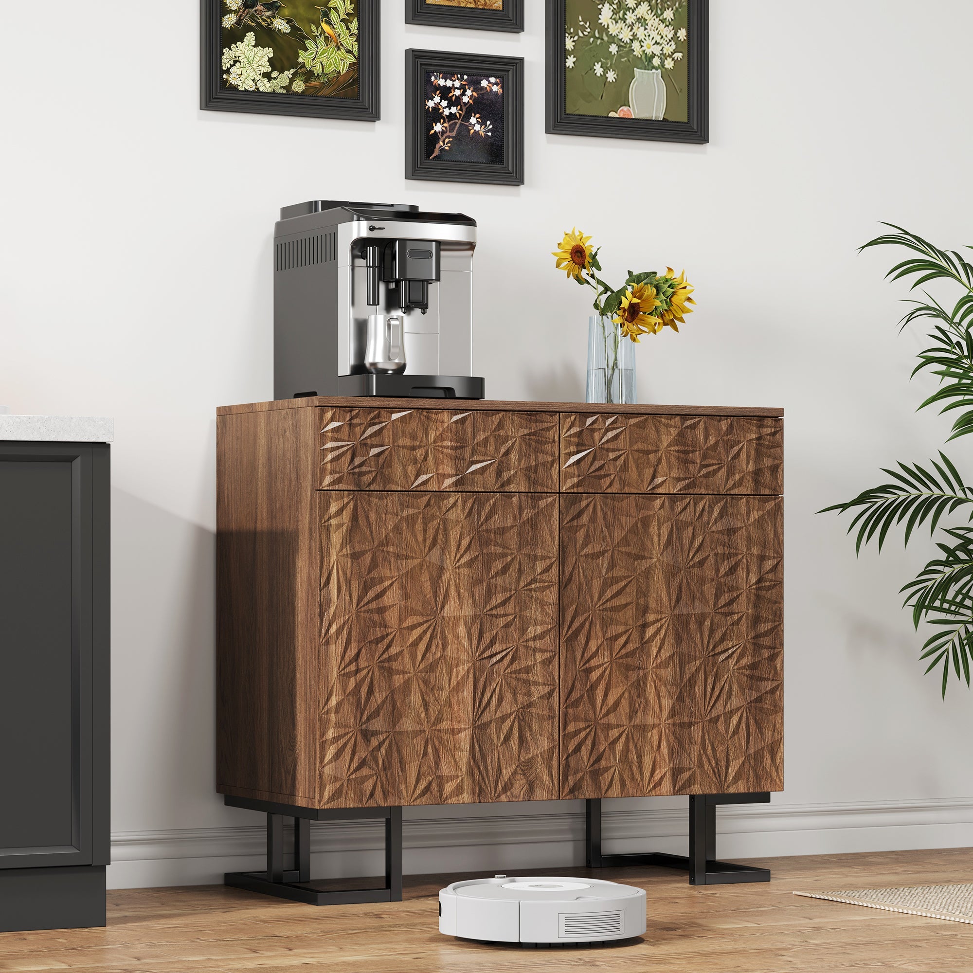 Sideboard/Chest of Drawers, 80×40×78cm, 2 Doors & 2 Drawers, Leaf Relief, Dark Walnut Look