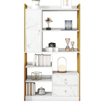 Bookcase, 6-Shelf Vertical with Doors & Drawers, Industrial Steel, White Marbled with Gold Frame