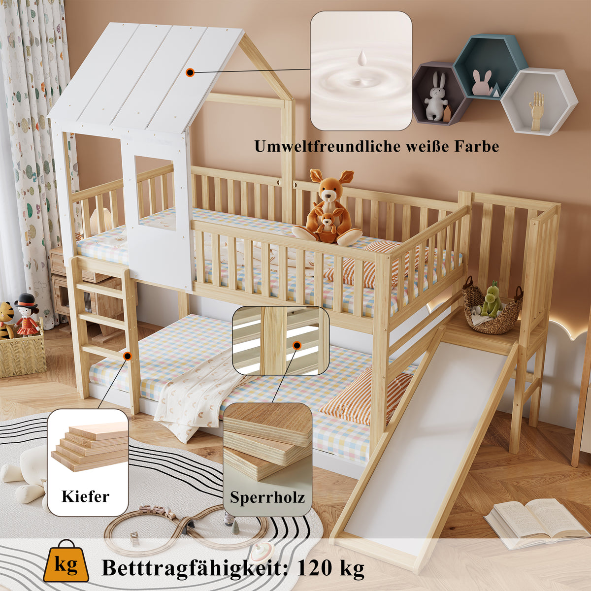 Children's Bed with Roof Design & 2 Drawers - 90x200cm, Wood & MDF
