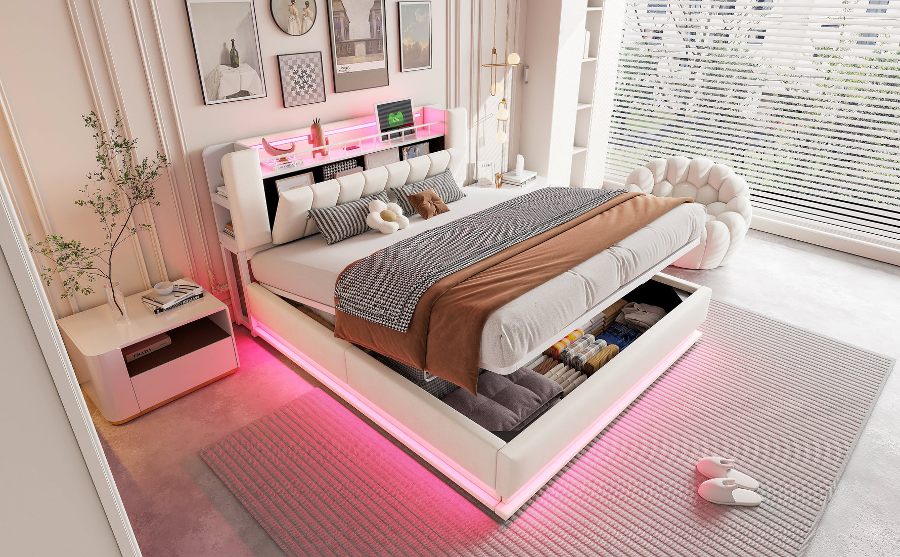 Smart Upholstered Bed with LED, USB and Hydraulic Storage, Beige Velvet