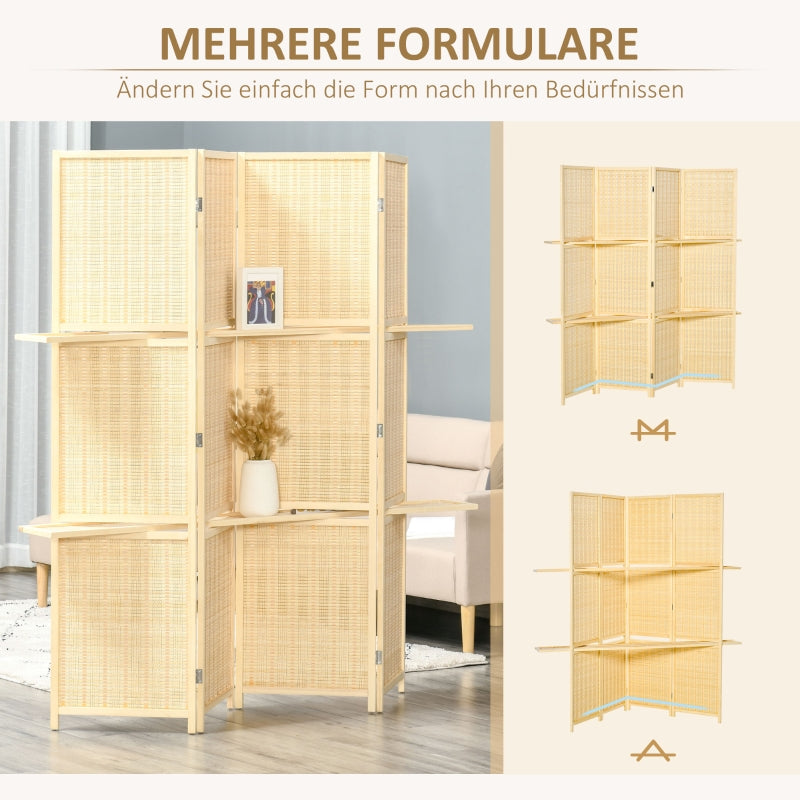 Bamboo Room Divider, 2 Shelves, Foldable, Natural