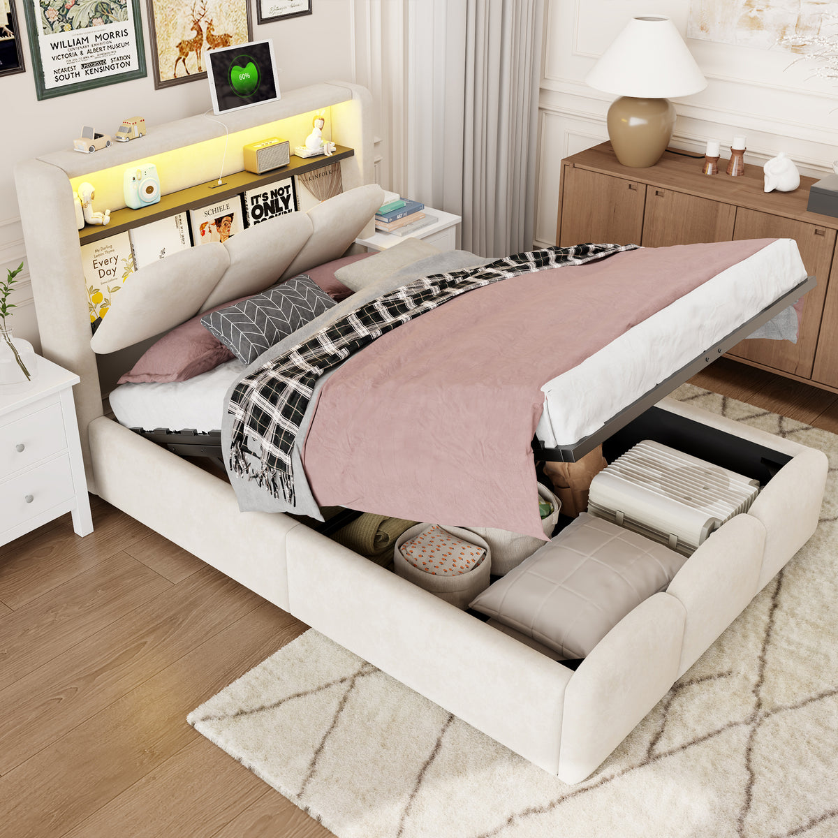 Upholstered Bed 90x200 with Storage & LED, Beige Velvet