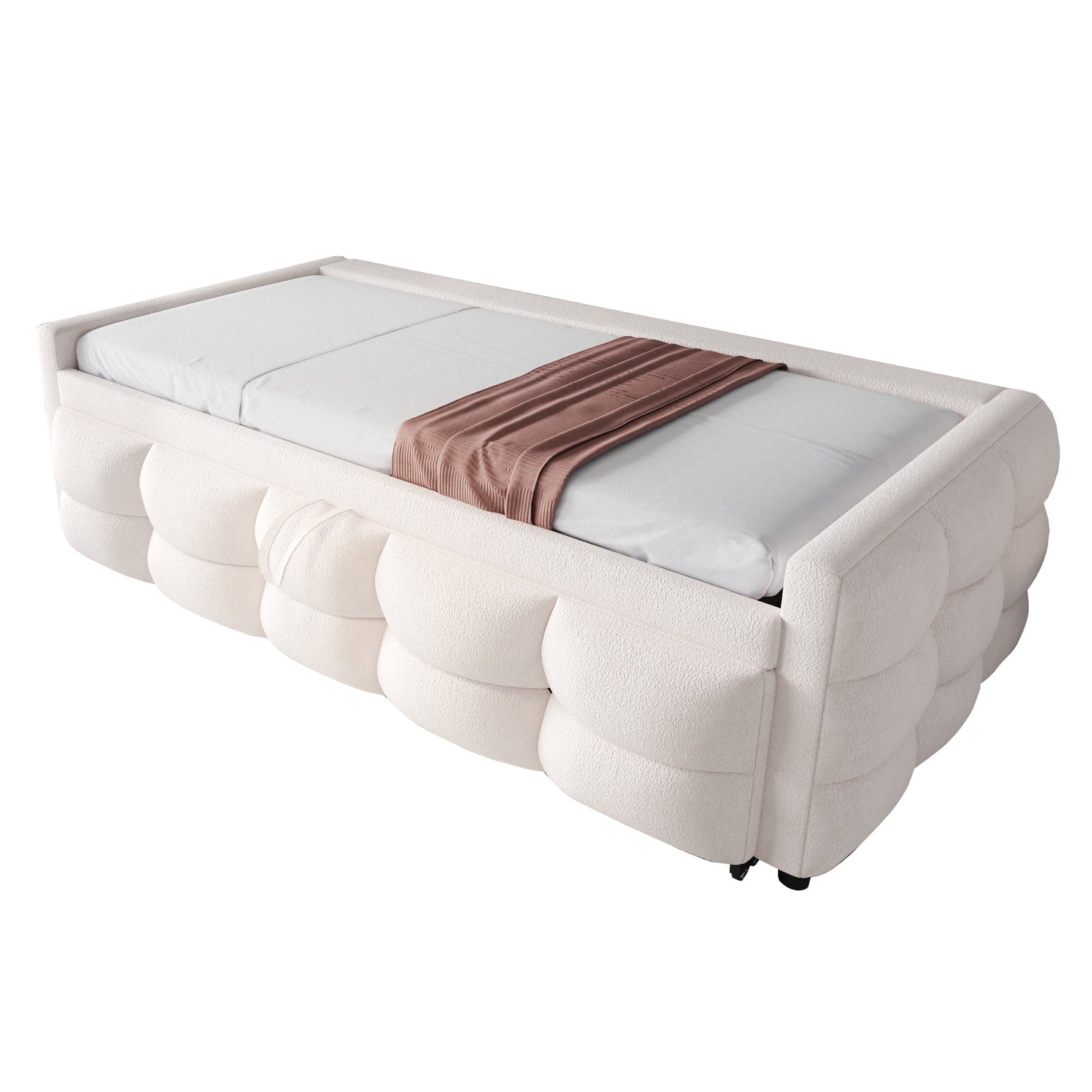 Extendable Upholstered Sofa Bed with Slatted Frame and 90/180x190cm Mattress Support, Beige Teddy Velvet