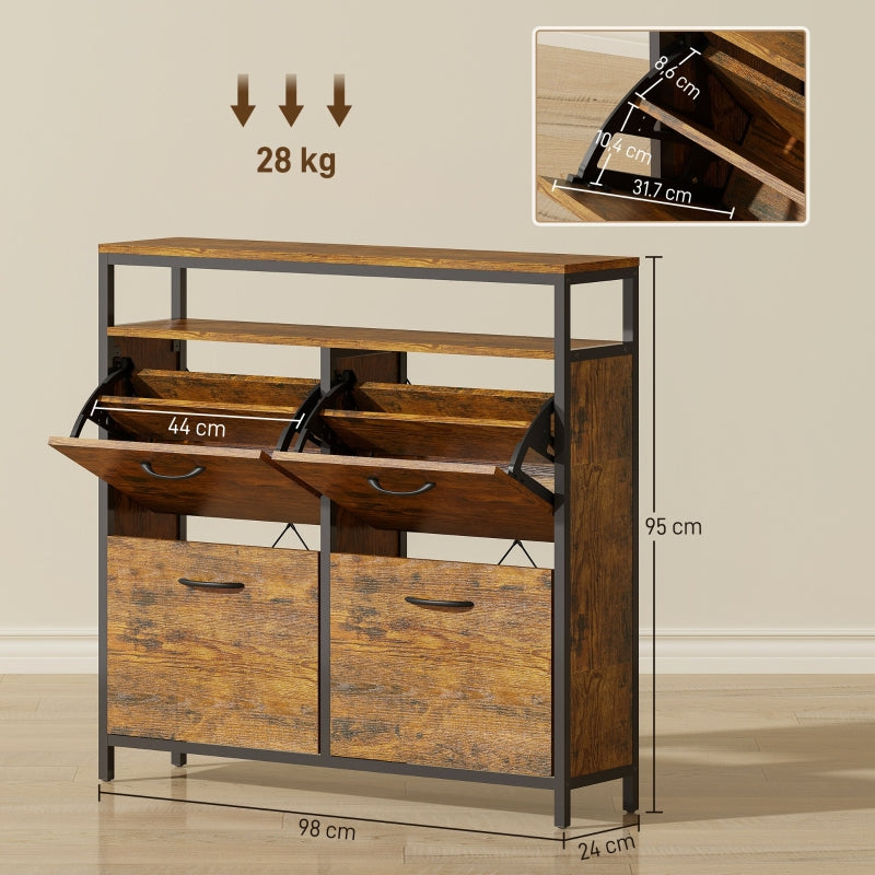 Shoe cabinet with 4 folding drawers, slim design, open shelf, steel, brown