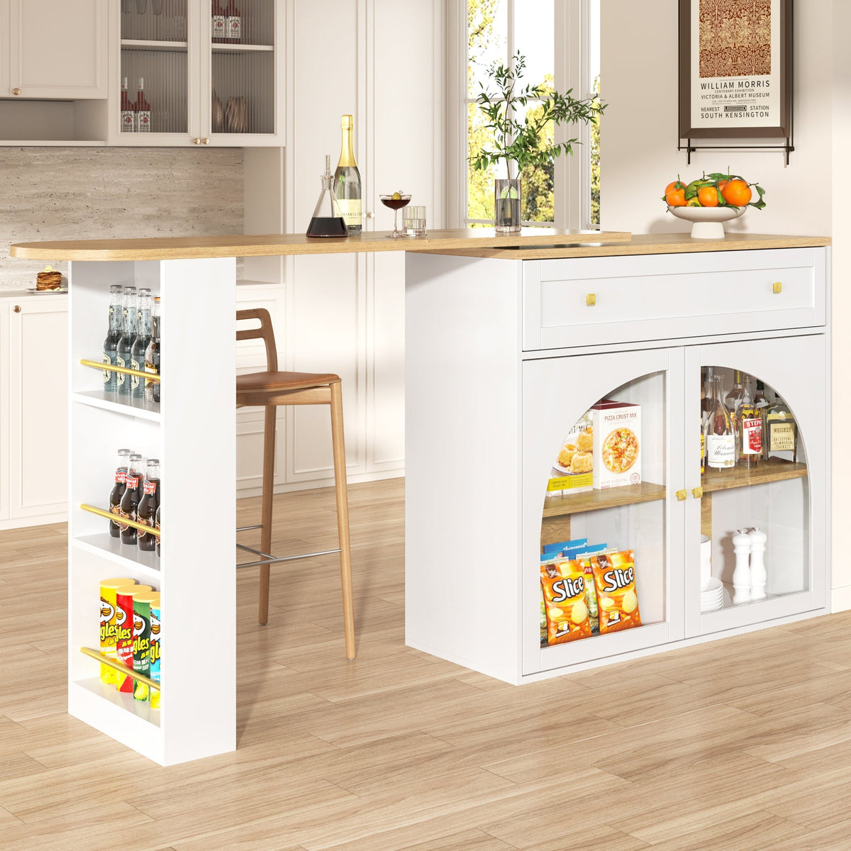 Bar Table Extendable 360° Rotating Storage with Shelves & Glass - White