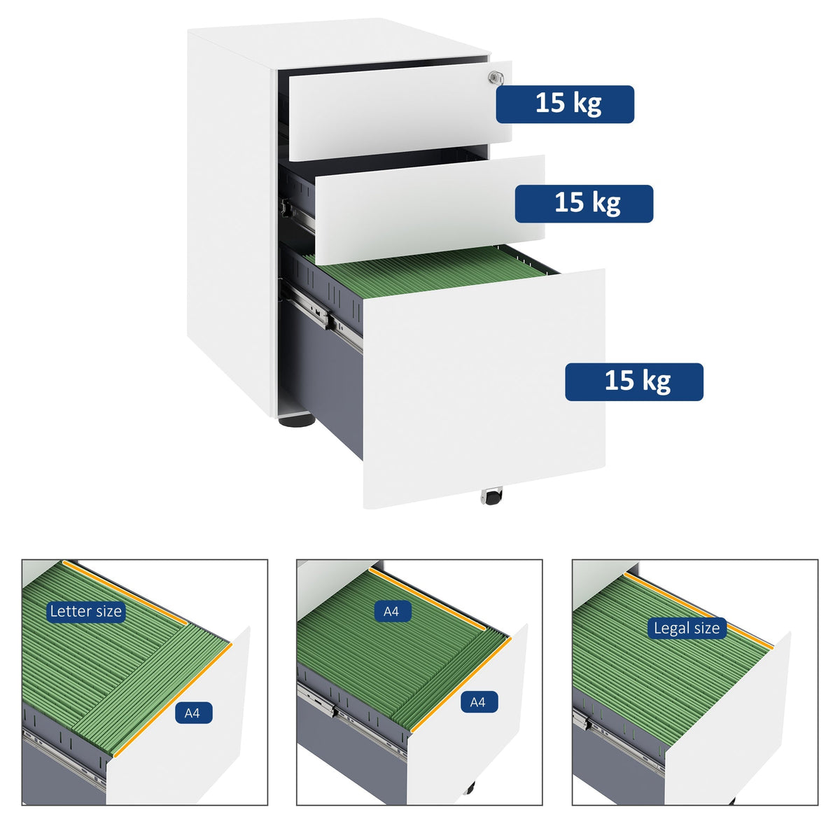 Mobile Filing Cabinet 3 Drawers Office Steel White 39x48x59cm