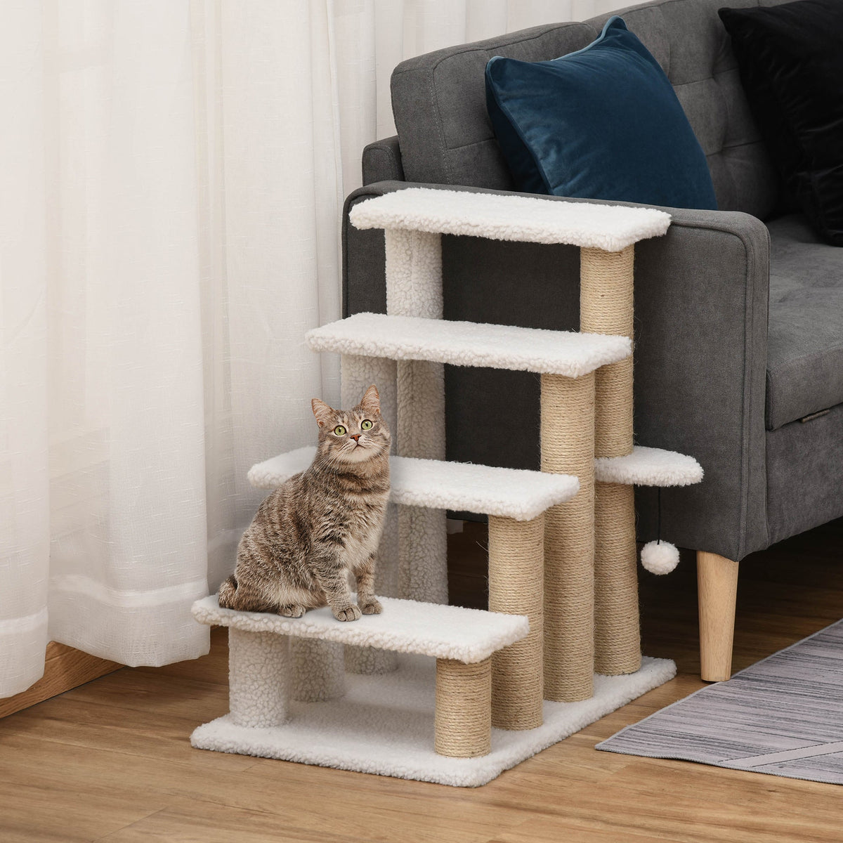 Pet Stairs, 4-Step with Scratching Post, Chipboard Plush Jute, White