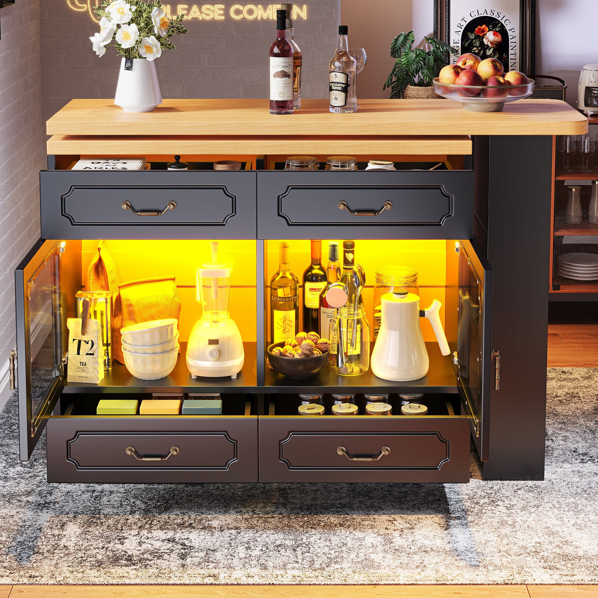Extendable Bar Table 360° Rotating Storage LED 135-203cm - Black