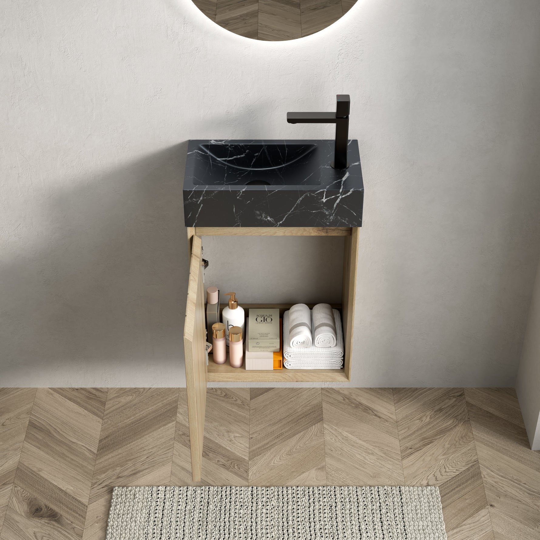 Wall-Mounted Bathroom Vanity Unit with Undermount Sink and Striped Cabinet, White Oak Wood Grain