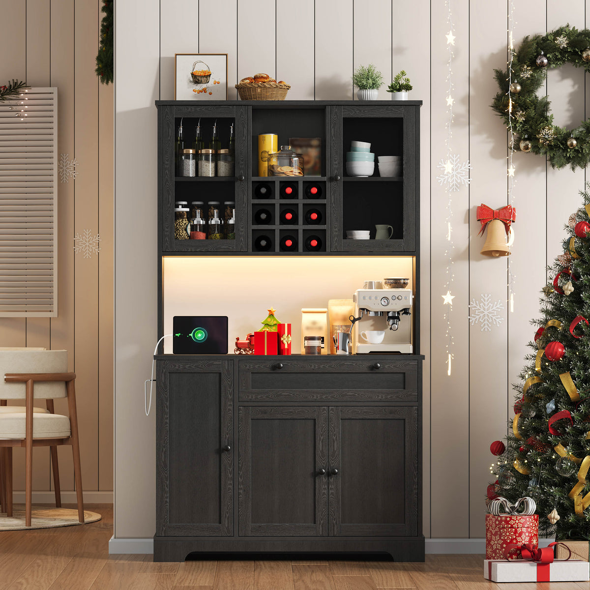 Kitchen Cabinet with LED Lighting, Power Outlet and Spice Rack, 180 x 105 x 40 cm