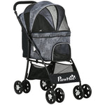Dog Buggy Foldable Trolley with Cushion, Mesh Window, Grey Black Oxford Fabric