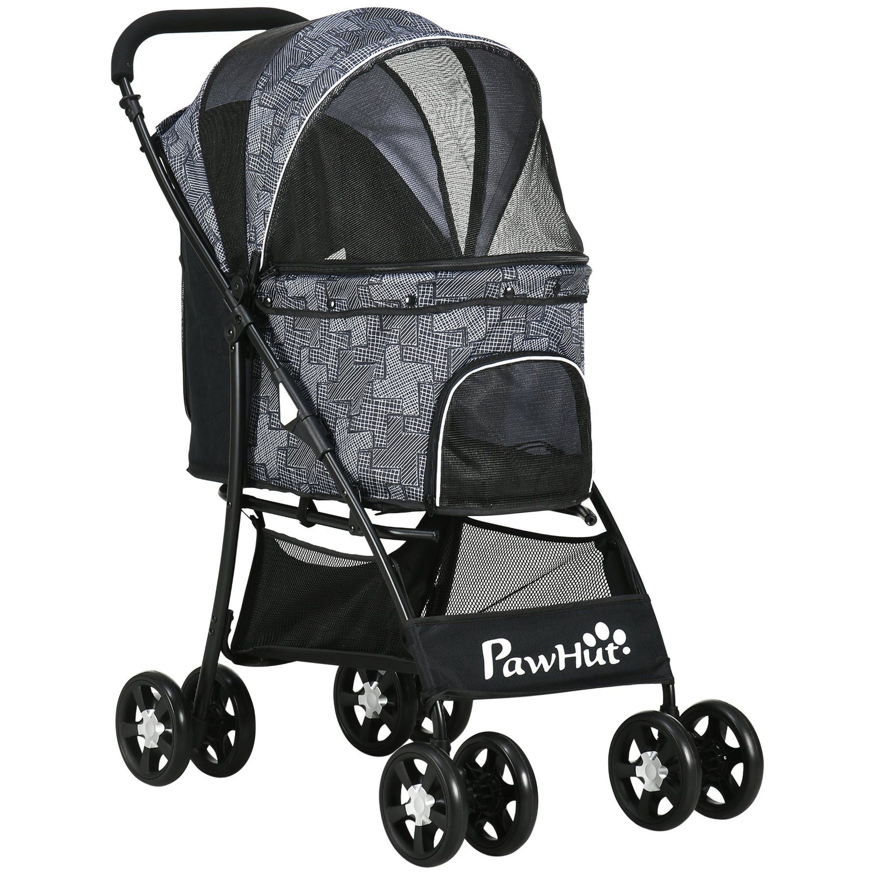 Dog Buggy Foldable Trolley with Cushion, Mesh Window, Grey Black Oxford Fabric