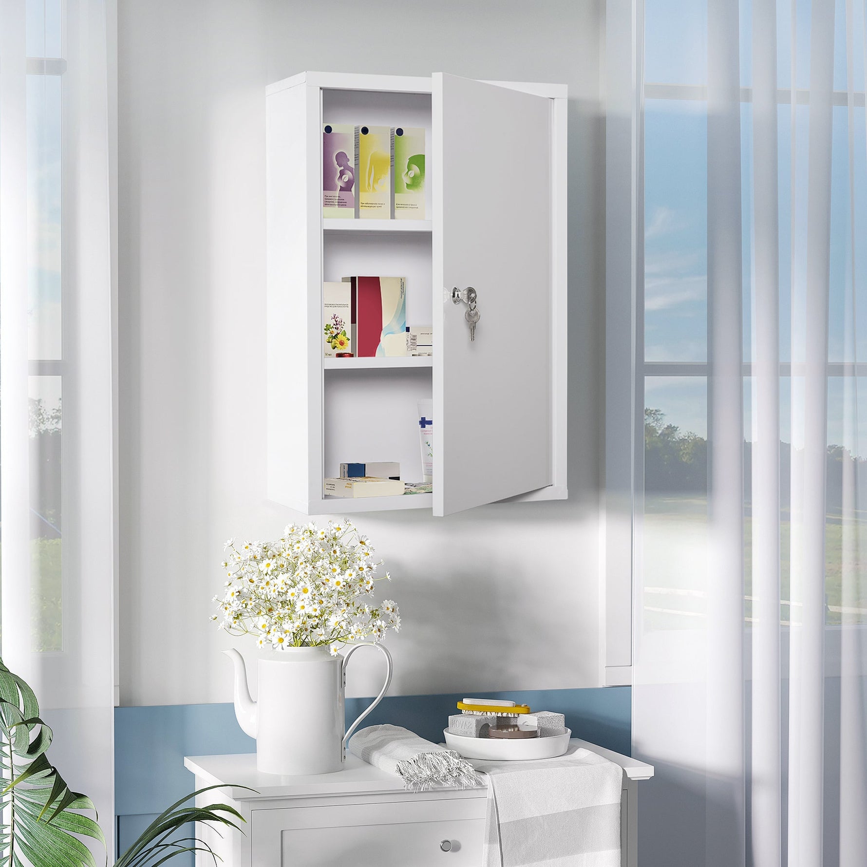 Kleankin first aid cabinet, medicine cabinet with 3 compartments, lockable, white steel