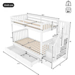 Bunk Bed with Stair Shelf and Two Storage Drawers, 90x200cm, White Pine Wood and MDF