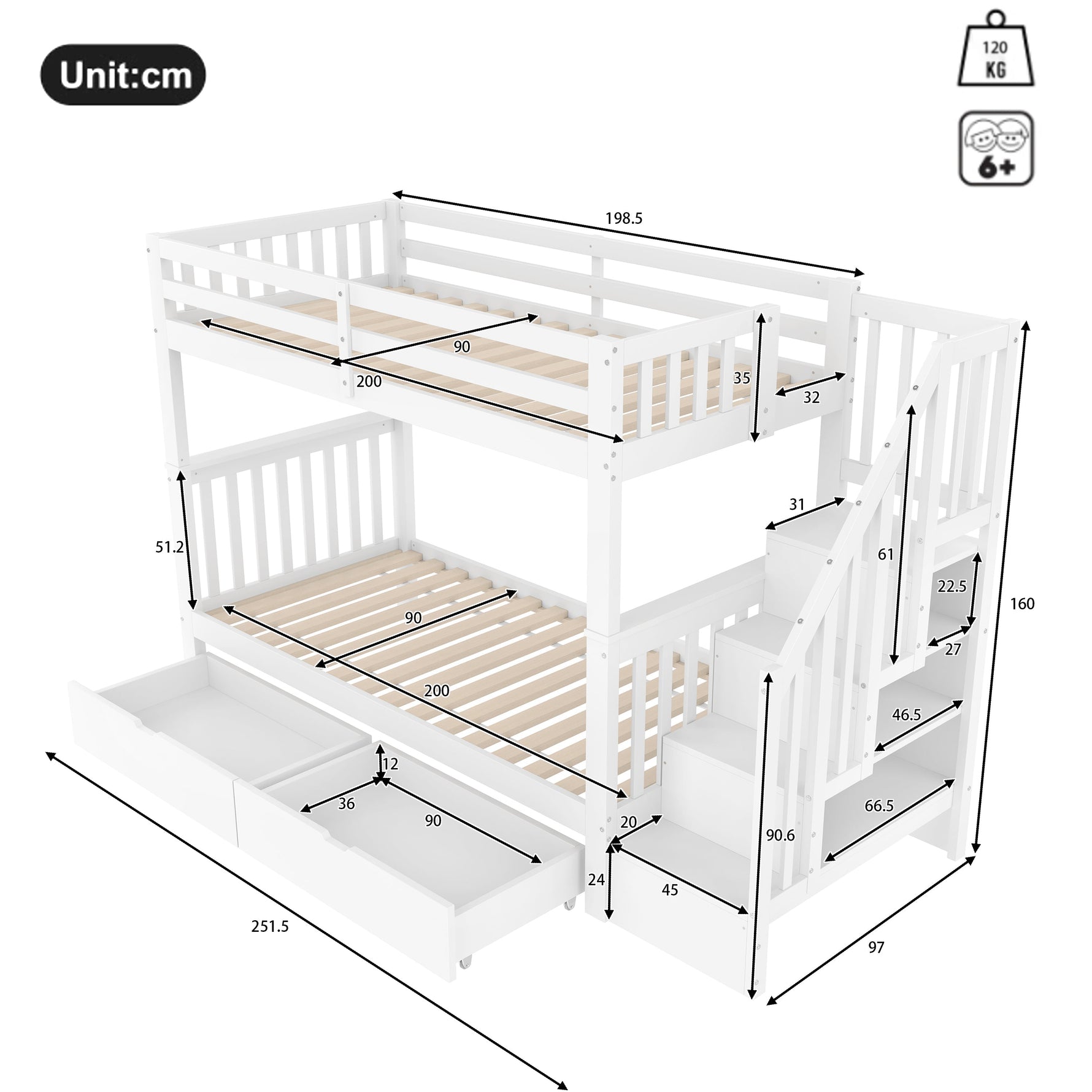 Bunk Bed with Stair Shelf and Two Storage Drawers, 90x200cm, White Pine Wood and MDF