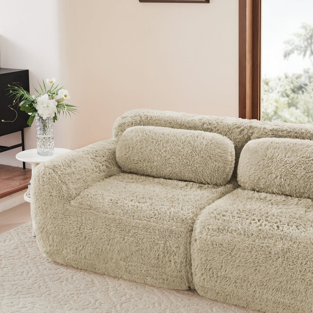 4-Seater L-Shaped Sofa Modular Chaise Plush Fabric - Light Khaki